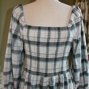 NWT Madewell Antique Cream Plaid Smocked Puff Sleeve A-Line Dress